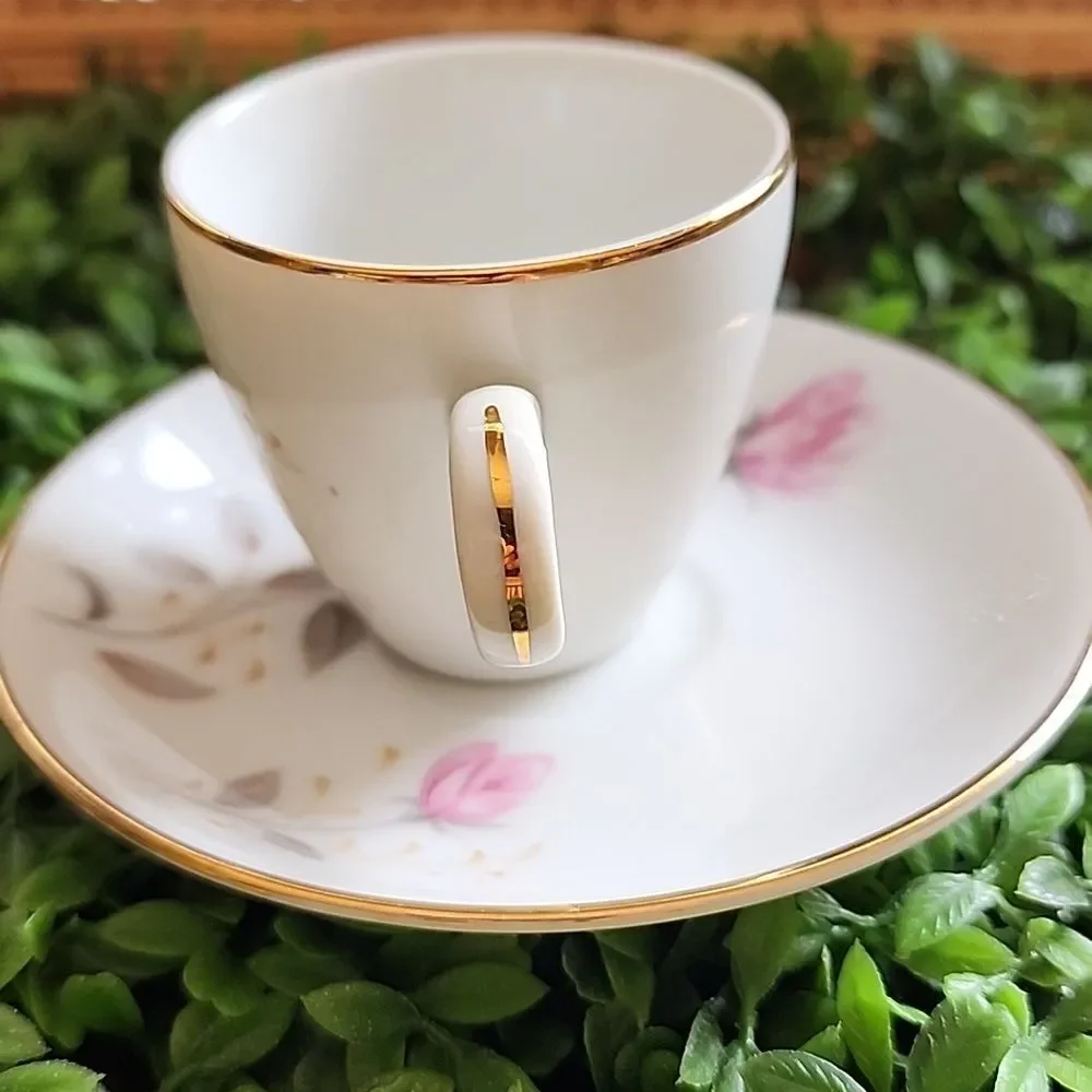 Vtg Feminine Floral Abalone China Flamingo Rose Demitasse Teacup & Saucer